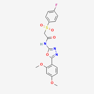 molecular formula C18H16FN3O6S B2403530 N-(5-(2,4-dimethoxyphenyl)-1,3,4-oxadiazol-2-yl)-2-((4-fluorophenyl)sulfonyl)acetamide CAS No. 895482-36-7