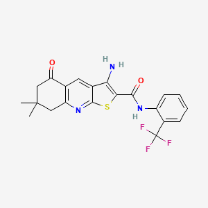 molecular formula C21H18F3N3O2S B2403601 3-氨基-7,7-二甲基-5-氧代-N-(2-(三氟甲基)苯基)-5,6,7,8-四氢噻吩并[2,3-b]喹啉-2-甲酰胺 CAS No. 799784-93-3