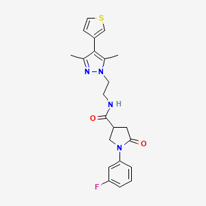 molecular formula C22H23FN4O2S B2403623 N-(2-(3,5-dimethyl-4-(thiophen-3-yl)-1H-pyrazol-1-yl)ethyl)-1-(3-fluorophenyl)-5-oxopyrrolidine-3-carboxamide CAS No. 2034357-48-5