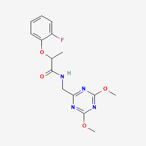 molecular formula C15H17FN4O4 B2403669 N-((4,6-dimethoxy-1,3,5-triazin-2-yl)methyl)-2-(2-fluorophenoxy)propanamide CAS No. 2034539-86-9