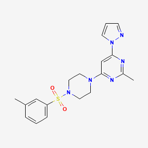 molecular formula C19H22N6O2S B2403694 2-methyl-4-(1H-pyrazol-1-yl)-6-(4-(m-tolylsulfonyl)piperazin-1-yl)pyrimidine CAS No. 1171098-78-4