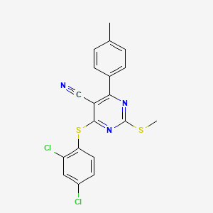 molecular formula C19H13Cl2N3S2 B2403761 4-[(2,4-Dichlorophenyl)sulfanyl]-6-(4-methylphenyl)-2-(methylsulfanyl)-5-pyrimidinecarbonitrile CAS No. 303984-99-8