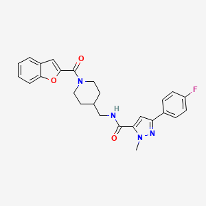 molecular formula C26H25FN4O3 B2403769 N-((1-(苯并呋喃-2-羰基)哌啶-4-基)甲基)-3-(4-氟苯基)-1-甲基-1H-吡唑-5-甲酰胺 CAS No. 1396750-41-6