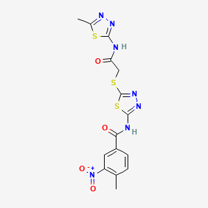 molecular formula C15H13N7O4S3 B2403791 4-methyl-N-(5-((2-((5-methyl-1,3,4-thiadiazol-2-yl)amino)-2-oxoethyl)thio)-1,3,4-thiadiazol-2-yl)-3-nitrobenzamide CAS No. 391868-74-9