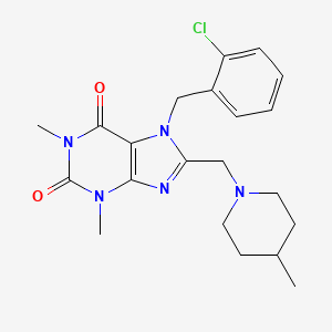 molecular formula C21H26ClN5O2 B2403855 7-(2-chlorobenzyl)-1,3-dimethyl-8-[(4-methylpiperidin-1-yl)methyl]-3,7-dihydro-1H-purine-2,6-dione CAS No. 851938-86-8