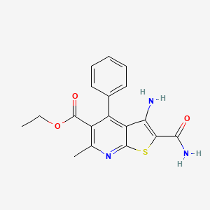 molecular formula C18H17N3O3S B2403863 Ethyl 3-amino-2-carbamoyl-6-methyl-4-phenylthieno[2,3-b]pyridine-5-carboxylate CAS No. 111853-43-1