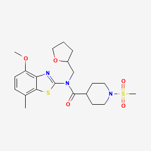 molecular formula C21H29N3O5S2 B2404038 N-(4-methoxy-7-methylbenzo[d]thiazol-2-yl)-1-(methylsulfonyl)-N-((tetrahydrofuran-2-yl)methyl)piperidine-4-carboxamide CAS No. 1070959-08-8