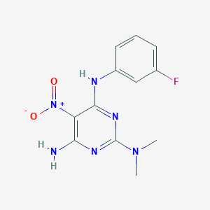 molecular formula C12H13FN6O2 B2404058 {4-Amino-6-[(3-fluorophenyl)amino]-5-nitropyrimidin-2-yl}dimethylamine CAS No. 672918-95-5