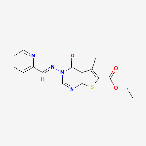 molecular formula C16H14N4O3S B2404064 (E)-ethyl 5-methyl-4-oxo-3-((pyridin-2-ylmethylene)amino)-3,4-dihydrothieno[2,3-d]pyrimidine-6-carboxylate CAS No. 303227-08-9