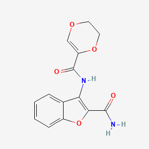 molecular formula C14H12N2O5 B2404135 3-(5,6-Dihydro-1,4-dioxine-2-carboxamido)benzofuran-2-carboxamide CAS No. 888410-89-7