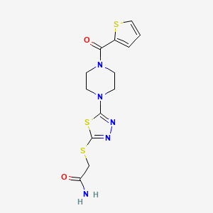 molecular formula C13H15N5O2S3 B2404240 2-((5-(4-(Thiophene-2-carbonyl)piperazin-1-yl)-1,3,4-thiadiazol-2-yl)thio)acetamide CAS No. 1105224-59-6