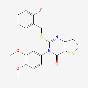 molecular formula C21H19FN2O3S2 B2404242 3-(3,4-dimethoxyphenyl)-2-((2-fluorobenzyl)thio)-6,7-dihydrothieno[3,2-d]pyrimidin-4(3H)-one CAS No. 877656-44-5