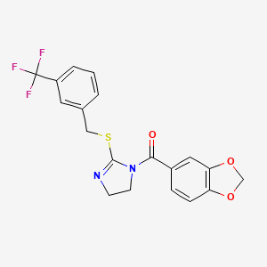 molecular formula C19H15F3N2O3S B2404261 1,3-Benzodioxol-5-yl-[2-[[3-(trifluoromethyl)phenyl]methylsulfanyl]-4,5-dihydroimidazol-1-yl]methanone CAS No. 851805-67-9