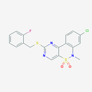 molecular formula C18H13ClFN3O2S2 B2404334 8-chloro-2-[(2-fluorobenzyl)sulfanyl]-6-methyl-6H-pyrimido[5,4-c][2,1]benzothiazine 5,5-dioxide CAS No. 1326942-03-3