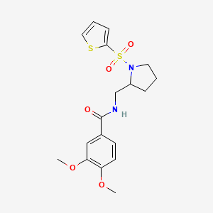 molecular formula C18H22N2O5S2 B2404356 3,4-dimethoxy-N-((1-(thiophen-2-ylsulfonyl)pyrrolidin-2-yl)methyl)benzamide CAS No. 887862-98-8