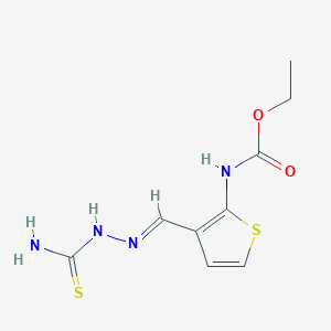 molecular formula C9H12N4O2S2 B2404372 乙基N-{3-[(1E)-[(氨基羰基硫代氨基)亚氨基]甲基]噻吩-2-基}氨基甲酸酯 CAS No. 1048915-72-5