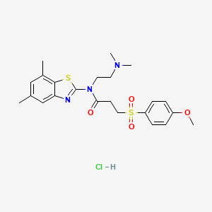 molecular formula C23H30ClN3O4S2 B2404522 N-(2-(dimethylamino)ethyl)-N-(5,7-dimethylbenzo[d]thiazol-2-yl)-3-((4-methoxyphenyl)sulfonyl)propanamide hydrochloride CAS No. 1215603-15-8