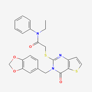 molecular formula C24H21N3O4S2 B2404562 2-((3-(benzo[d][1,3]dioxol-5-ylmethyl)-4-oxo-3,4-dihydrothieno[3,2-d]pyrimidin-2-yl)thio)-N-ethyl-N-phenylacetamide CAS No. 1795441-44-9