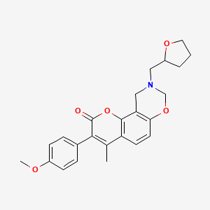 molecular formula C24H25NO5 B2404563 3-(4-methoxyphenyl)-4-methyl-9-((tetrahydrofuran-2-yl)methyl)-9,10-dihydrochromeno[8,7-e][1,3]oxazin-2(8H)-one CAS No. 946384-51-6