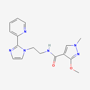 molecular formula C16H18N6O2 B2404672 3-methoxy-1-methyl-N-(2-(2-(pyridin-2-yl)-1H-imidazol-1-yl)ethyl)-1H-pyrazole-4-carboxamide CAS No. 2034448-68-3