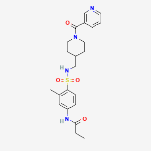 molecular formula C22H28N4O4S B2404707 N-(3-甲基-4-(N-((1-菸酰基哌啶-4-基)甲基)磺酰胺基)苯基)丙酰胺 CAS No. 1448045-99-5