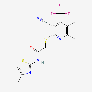 molecular formula C16H15F3N4OS2 B2404752 2-{[3-氰基-6-乙基-5-甲基-4-(三氟甲基)-2-吡啶基]硫代}-N-(4-甲基-1,3-噻唑-2-基)乙酰胺 CAS No. 674804-57-0