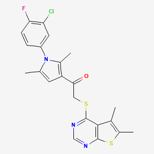molecular formula C22H19ClFN3OS2 B2404760 1-(1-(3-chloro-4-fluorophenyl)-2,5-dimethyl-1H-pyrrol-3-yl)-2-((5,6-dimethylthieno[2,3-d]pyrimidin-4-yl)thio)ethanone CAS No. 670270-51-6