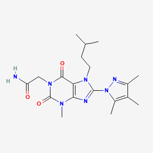 molecular formula C19H27N7O3 B2404765 2-[3-Methyl-7-(3-methylbutyl)-2,6-dioxo-8-(3,4,5-trimethylpyrazolyl)-1,3,7-tri hydropurinyl]acetamide CAS No. 1013991-52-0