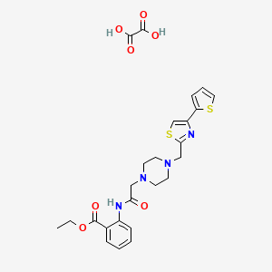 molecular formula C25H28N4O7S2 B2404839 Ethyl 2-(2-(4-((4-(thiophen-2-yl)thiazol-2-yl)methyl)piperazin-1-yl)acetamido)benzoate oxalate CAS No. 1396801-84-5