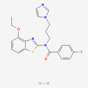 molecular formula C22H22ClFN4O2S B2404852 N-(3-(1H-imidazol-1-yl)propyl)-N-(4-ethoxybenzo[d]thiazol-2-yl)-4-fluorobenzamide hydrochloride CAS No. 1215853-97-6