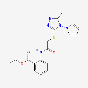 molecular formula C18H19N5O3S B2404866 Ethyl 2-[[2-[(5-methyl-4-pyrrol-1-yl-1,2,4-triazol-3-yl)sulfanyl]acetyl]amino]benzoate CAS No. 896291-02-4