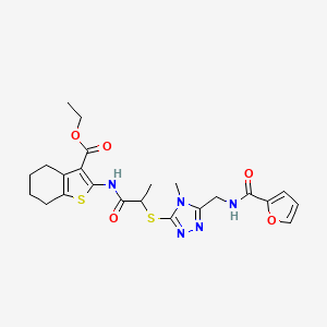 molecular formula C23H27N5O5S2 B2404881 Ethyl 2-[2-[[5-[(furan-2-carbonylamino)methyl]-4-methyl-1,2,4-triazol-3-yl]sulfanyl]propanoylamino]-4,5,6,7-tetrahydro-1-benzothiophene-3-carboxylate CAS No. 393817-07-7