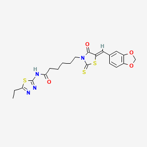 molecular formula C21H22N4O4S3 B2404897 (Z)-6-(5-(benzo[d][1,3]dioxol-5-ylmethylene)-4-oxo-2-thioxothiazolidin-3-yl)-N-(5-ethyl-1,3,4-thiadiazol-2-yl)hexanamide CAS No. 637318-68-4