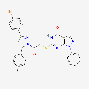 molecular formula C29H23BrN6O2S B2404919 6-((2-(3-(4-bromophenyl)-5-(p-tolyl)-4,5-dihydro-1H-pyrazol-1-yl)-2-oxoethyl)thio)-1-phenyl-1H-pyrazolo[3,4-d]pyrimidin-4(5H)-one CAS No. 887870-15-7