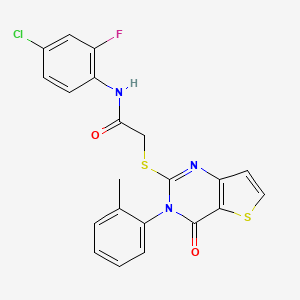 molecular formula C21H15ClFN3O2S2 B2404945 N-(4-氯-2-氟苯基)-2-{[3-(2-甲苯基)-4-氧代-3,4-二氢噻吩并[3,2-d]嘧啶-2-基]硫代}乙酰胺 CAS No. 1291834-07-5