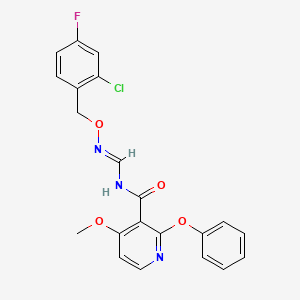 molecular formula C21H17ClFN3O4 B2404975 N-({[(2-chloro-4-fluorobenzyl)oxy]imino}methyl)-4-methoxy-2-phenoxynicotinamide CAS No. 478262-47-4