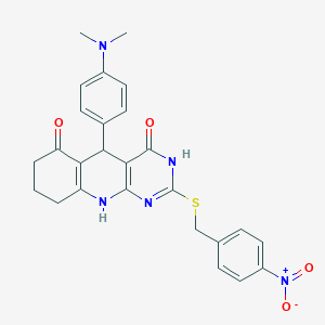 molecular formula C26H25N5O4S B2404990 5-(4-(dimethylamino)phenyl)-2-((4-nitrobenzyl)thio)-7,8,9,10-tetrahydropyrimido[4,5-b]quinoline-4,6(3H,5H)-dione CAS No. 537043-52-0