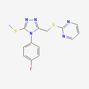 molecular formula C14H12FN5S2 B2405000 2-[[4-(4-Fluorophenyl)-5-methylsulfanyl-1,2,4-triazol-3-yl]methylsulfanyl]pyrimidine CAS No. 868221-61-8