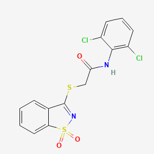 molecular formula C15H10Cl2N2O3S2 B2405071 N-(2,6-dichlorophenyl)-2-((1,1-dioxidobenzo[d]isothiazol-3-yl)thio)acetamide CAS No. 902572-05-8