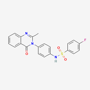 molecular formula C21H16FN3O3S B2405076 4-フルオロ-N-[4-(2-メチル-4-オキソキナゾリン-3-イル)フェニル]ベンゼンスルホンアミド CAS No. 898438-71-6