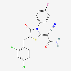 molecular formula C19H12Cl2FN3O2S B2405138 (Z)-2-cyano-2-(5-(2,4-dichlorobenzyl)-3-(4-fluorophenyl)-4-oxothiazolidin-2-ylidene)acetamide CAS No. 786676-78-6