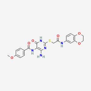 molecular formula C22H21N5O6S B2405201 N-(4-amino-2-((2-((2,3-dihydrobenzo[b][1,4]dioxin-6-yl)amino)-2-oxoethyl)thio)-6-oxo-1,6-dihydropyrimidin-5-yl)-4-methoxybenzamide CAS No. 888417-79-6