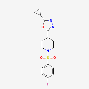 molecular formula C16H18FN3O3S B2405217 2-Cyclopropyl-5-(1-((4-fluorophenyl)sulfonyl)piperidin-4-yl)-1,3,4-oxadiazole CAS No. 1208817-89-3