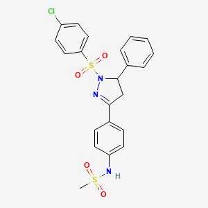 molecular formula C22H20ClN3O4S2 B2405388 N-[4-[2-(4-chlorophenyl)sulfonyl-3-phenyl-3,4-dihydropyrazol-5-yl]phenyl]methanesulfonamide CAS No. 851781-28-7