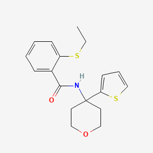 molecular formula C18H21NO2S2 B2405391 2-(ethylthio)-N-(4-(thiophen-2-yl)tetrahydro-2H-pyran-4-yl)benzamide CAS No. 2034537-51-2