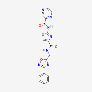 molecular formula C18H13N7O4 B2405450 N-((3-phenyl-1,2,4-oxadiazol-5-yl)methyl)-2-(pyrazine-2-carboxamido)oxazole-4-carboxamide CAS No. 1396678-95-7