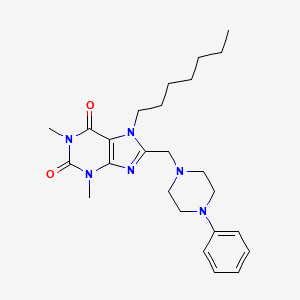 molecular formula C25H36N6O2 B2405457 7-Heptyl-1,3-dimethyl-8-[(4-phenylpiperazin-1-yl)methyl]purine-2,6-dione CAS No. 851942-27-3