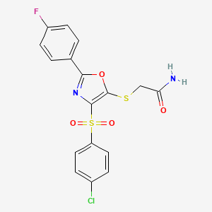 molecular formula C17H12ClFN2O4S2 B2405468 2-((4-((4-Chlorophenyl)sulfonyl)-2-(4-fluorophenyl)oxazol-5-yl)thio)acetamide CAS No. 830354-43-3