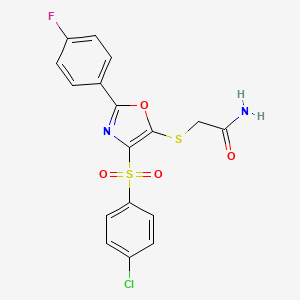 molecular formula C17H12ClFN2O4S2 B2405468 2-((4-((4-Chlorophenyl)sulfonyl)-2-(4-fluorophenyl)oxazol-5-yl)thio)acetamide 