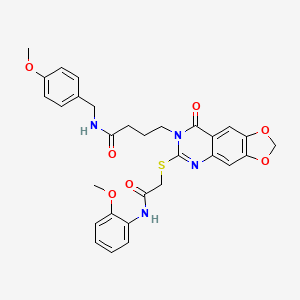 molecular formula C30H30N4O7S B2405473 N-(4-methoxybenzyl)-4-(6-((2-((2-methoxyphenyl)amino)-2-oxoethyl)thio)-8-oxo-[1,3]dioxolo[4,5-g]quinazolin-7(8H)-yl)butanamide CAS No. 688060-16-4